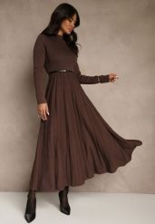 Brązowa Dzianinowa Sukienka Rozkloszowana Longsleeve z Wiskozą i Paskiem Tusnira. Brązowe sukienki damskie Renee, bez wzorów, z dzianiny, eleganckie, bez ramiączek. Za 169.99 zł.