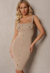 Beżowa Sukienka Prążkowana na Ramiączkach z Guzikami Pasinne. Brązowe sukienki damskie Renee, z aplikacjami, prążkowane, eleganckie, bez ramiączek. W wyprzedaży za 47.99 zł.