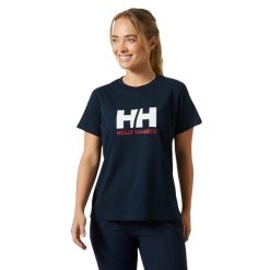 Koszulka damska Helly Hansen Logo 2.0. Niebieskie koszulki damskie Helly Hansen, bez wzorów, z bawełny, bez kołnierzyka, bez ramiączek. Za 109.99 zł.