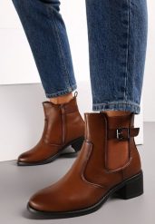 Brązowe Botki Sztyblety na Słupku z Klamerką Tessalia. Brązowe botki damskie Renee, klasyczne, bez obcasa, na obcasie, bez zapięcia. Za 119.99 zł.