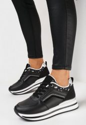Czarne Sznurowane Sneakersy na Płaskiej Podeszwie Zdobione Brokatem Gerine. Czarne obuwie sportowe damskie Born2be, z materiału, bez zapięcia. Za 99.99 zł.