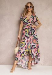 Różowo-Fioletowa Kopertowa Sukienka Maxi z Materiałowym Paskiem i Gumką w Talii z Bawełny Alyn. Fioletowe sukienki damskie Renee, bez wzorów, z bawełny, bez ramiączek. W wyprzedaży za 35.99 zł.
