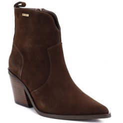 Skórzane botki damskie ocieplane kowbojki brązowe Big Star SS274473. Brązowe botki damskie Big Star, ze skóry, retro, bez obcasa, bez zapięcia. Za 269.99 zł.