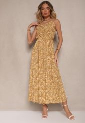 Żółta Rozkloszowana Sukienka z Bawełny na Ramiączkach Jenarissea. Żółte sukienki damskie Renee, bez wzorów, z bawełny, eleganckie, bez ramiączek. W wyprzedaży za 39.99 zł.