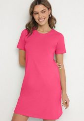 Różowa Bawełniana Sukienka o Kroju Typu T-shirt Nilisea. Czerwone sukienki damskie Born2be, bez wzorów, z bawełny, bez ramiączek. Za 59.99 zł.