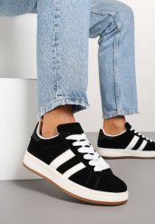 Czarne Sneakersy z Ozdobnymi Paskami Doloreth. Czarne obuwie sportowe damskie Born2be, z jeansu, bez zapięcia. Za 79.99 zł.