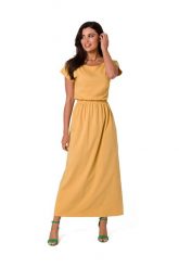 Długa sukienka bawełniana z gumą w pasie dekolt łódka żółta. Żółte sukienki damskie Bewear, bez wzorów, z bawełny, bez ramiączek. Za 289.00 zł.