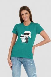KARL LAGERFELD Turkusowy t-shirt Ikonik 2.0. Niebieskie t-shirty damskie KARL LAGERFELD, s, bez wzorów, bez kołnierzyka. W wyprzedaży za 299.99 zł.