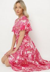 Różowa Kopertowa Sukienka z Bawełną o Rozkloszowanym Kroju z Paskiem Aulinea. Czerwone sukienki damskie Born2be, bez wzorów, z bawełny, eleganckie, bez ramiączek. Za 79.99 zł.