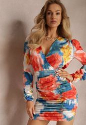 Pomarańczowa Marszczona Sukienka Mini z Długimi Rękawami i Głębokim Dekoltem Nakatsune. Brązowe sukienki damskie Renee, bez wzorów, bez ramiączek. Za 49.99 zł.