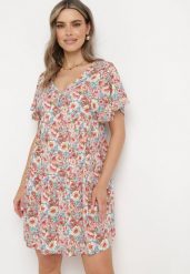 Różowo-Beżowa Rozkloszowana Sukienka z Krótkim Rękawem Wykonana z Wiskozy i Wiązaniem na Plecach Vatella. Czerwone sukienki damskie Born2be, bez wzorów, z materiału, eleganckie, bez ramiączek. Za 79.99 zł.