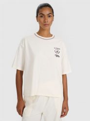 4F T-shirt oversize z nadrukiem damski - biały M. Białe koszulki sportowe damskie 4F, m, bez wzorów, z bawełny, bez ramiączek. W wyprzedaży za 49.99 zł.
