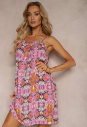 Różowo-Pomarańczowa Rozkloszowana Sukienka z Bawełny na Ramiączkach Tessadra. Czerwone sukienki damskie Renee, bez wzorów, z bawełny, eleganckie, bez ramiączek. W wyprzedaży za 27.99 zł.
