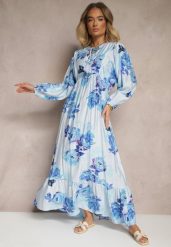 Niebieska Sukienka z Wiskozą o Rozkloszowanym Kroju w Kwiatowy Print Ridiorielle. Niebieskie sukienki damskie Renee, z aplikacjami, z jeansu, bez ramiączek. W wyprzedaży za 119.99 zł.