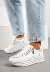 Białe Sneakersy na Platformie Ozdobione Suwakiem i Paskami Korirae. Białe obuwie sportowe damskie Renee, z jeansu, bez zapięcia. Za 89.99 zł.