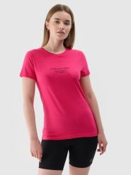 4F T-shirt slim z nadrukiem damski - różowy S. Czerwone t-shirty damskie 4F, s, bez wzorów, z dzianiny, bez kołnierzyka. W wyprzedaży za 29.99 zł.