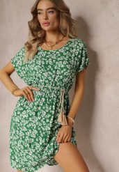 Zielona Wiskozowa Mini Sukienka w Kwiatowy Print z Gumką w Pasie Frolia. Zielone sukienki damskie Renee, bez wzorów, z wiskozy, bez ramiączek. W wyprzedaży za 35.99 zł.