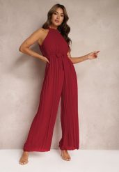 Bordowy Kombinezon z Dekoltem Typu Halter i Gumką w Talii Zolefia. Czerwone sukienki damskie Renee, bez wzorów, eleganckie, bez ramiączek. W wyprzedaży za 91.99 zł.