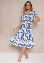 Niebieska Bawełniana Sukienka z Abstrakcyjnym Motywem i Guzikami Talivea. Niebieskie sukienki damskie Renee, bez wzorów, z bawełny, eleganckie, bez ramiączek. W wyprzedaży za 43.99 zł.