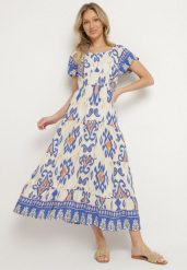 Niebieska Wiskozowa Sukienka z Geometrycznym Wzorem Cleanna. Niebieskie sukienki damskie Born2be, z aplikacjami, z wiskozy, eleganckie, bez ramiączek. Za 79.99 zł.