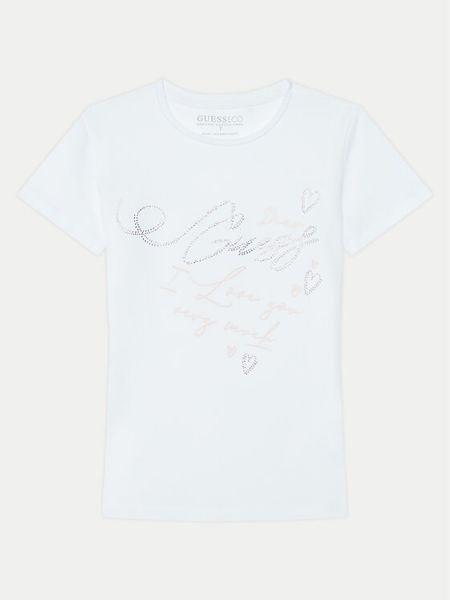 Guess T-Shirt J5RI38 K6YW4 Biały Regular Fit. Białe koszulki i t-shirty dziewczęce Guess, z aplikacjami, z bawełny, bez kołnierzyka, bez ramiączek. Za 59.99 zł.