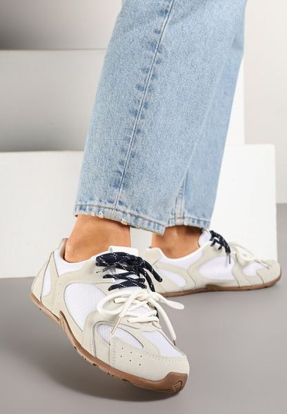 Beżowo-Szare Sneakersy z Ozdobnymi Przeszyciami i Kontrastowymi Sznurówkami Ilivrella. Brązowe obuwie sportowe damskie Born2be, z jeansu, bez zapięcia. Za 79.99 zł.