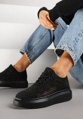 Czarne Sneakersy Typu Tenisówki z Ażurową Cholewką i Skórzaną Wkładką Sonelis. Czarne obuwie sportowe damskie Renee, z jeansu, bez zapięcia, tenisowe. Za 89.99 zł.