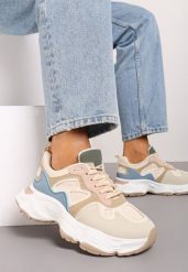 Beżowo-Niebieskie Sneakersy na Grubej Podeszwie z Geometrycznym Wzorem Mevanira. Brązowe obuwie sportowe damskie Born2be, z jeansu, bez zapięcia. Za 59.99 zł.