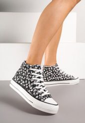Czarne Trampki z Wysoką Cholewką Zdobione Kwiatowym Printem Folellia. Czarne trampki damskie Renee, z aplikacjami, z dzianiny, przed kolano, bez zapięcia. Za 49.99 zł.