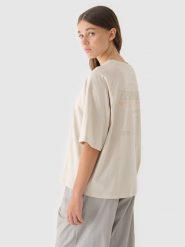 4F T-shirt oversize z nadrukiem damski - beżowy XS. Brązowe t-shirty damskie 4F, xs, bez wzorów, z bawełny, bez kołnierzyka. W wyprzedaży za 29.99 zł.