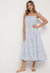 Niebieska Rozkloszowana Sukienka z Bawełny Ozdobiona Kwiatami Merialea. Niebieskie sukienki damskie Born2be, bez wzorów, z bawełny, eleganckie, bez ramiączek. W wyprzedaży za 169.99 zł.