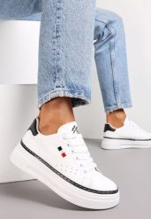 Biało-Czarne Sznurowane Sneakersy na Płaskiej Podeszwie z Lamówką Fedat. Białe obuwie sportowe damskie Renee, bez zapięcia. Za 69.99 zł.