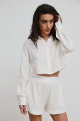 Krótka koszula z muślinu w kolorze ECRU - PORTELA-XS/S. Koszule damskie Marsala, na lato, s, bez wzorów, z bawełny, eleganckie, bez kołnierzyka, bez ramiączek. Za 169.90 zł.