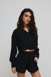Krótka koszula z muślinu w kolorze CZARNYM - PORTELA-S/M. Czarne koszule damskie Marsala, na lato, m, bez wzorów, z bawełny, eleganckie, bez kołnierzyka, bez ramiączek. Za 169.90 zł.