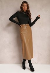 Beżowa Ołówkowa Spódnica Maxi z Ekoskóry i Paskiem Evell. Brązowe spódnice damskie Renee, s, z aplikacjami, eleganckie, maxi. Za 89.99 zł.