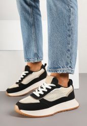 Czarno-Beżowe Sneakersy Ozdobione Geometrycznym Motywem Calgis. Czarne obuwie sportowe damskie Renee, z materiału, bez zapięcia. Za 89.99 zł.
