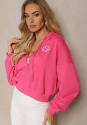Fuksjowa Bluza Rozpinana z Wyszytą Emotką i Kapturem Cornoria. Czerwone bluzy damskie Renee, l, bez wzorów, z dzianiny. Za 59.99 zł.