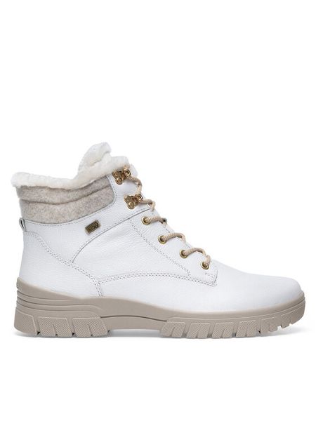 Remonte Trzewiki D0E71-80 Biały. Białe botki damskie Remonte, ze skóry, bez obcasa, na płaskiej podeszwie, bez zapięcia. Za 375.00 zł.