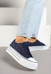 Granatowe Trampki na Grubej Podeszwie z Ażurową Cholewką Felariona. Niebieskie obuwie sportowe damskie Born2be, w ażurowe wzory, z jeansu, bez zapięcia. Za 79.99 zł.