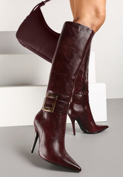 Bordowe Kozaki na Szpilce z Metaliczną Klamrą Evelinna. Czerwone kozaki damskie Renee, bez obcasa, na obcasie, bez zapięcia. Za 199.99 zł.
