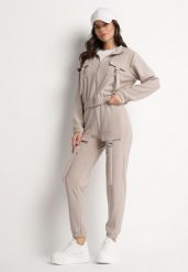 Beżowy Komplet Dresowy Bluza Rozpinana i Spodnie Slim w Stylu Utility Telavienna. Brązowe bluzy damskie Born2be, m, bez wzorów, z dresówki, bez kaptura. Za 84.99 zł.