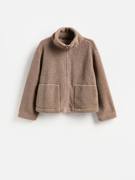 Bluza sherpa ze stójką - beżowy. Brązowe bluzy damskie Reserved, l, bez wzorów, z dzianiny, bez kaptura. Za 129.99 zł.