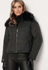 Czarna Elegancka Kurtka z Futrzanym Kołnierzem i Metaliczną Nicią Vertieska. Czarne kurtki damskie Born2be, l, bez wzorów, z futra, bez kaptura. Za 219.99 zł.