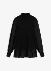 Sweter z cienkiej dzianiny z koszulowymi wstawkami. Czarne swetry klasyczne damskie bonprix, z dzianiny, bez kołnierzyka. Za 112.99 zł.