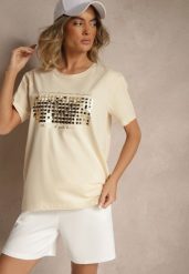 Beżowy T-shirt z Bawełny z Naszytymi Cekinami Avenelli. Brązowe t-shirty damskie Renee, xl, bez wzorów, z bawełny, bez kołnierzyka. Za 39.99 zł.