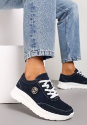 Granatowe Sneakersy Ozdobione Metalową Przypinką na Cholewce przed Kostkę Fendiama. Niebieskie obuwie sportowe damskie Renee, przed kostkę, bez zapięcia. Za 159.99 zł.