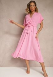 Różowa Rozkloszowana Sukienka z Gumką w Talii i Wiązaniem Sepenira. Czerwone sukienki damskie Renee, bez wzorów, z jeansu, eleganckie, bez ramiączek. W wyprzedaży za 47.99 zł.
