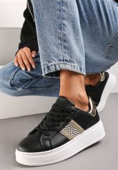 Czarne Sneakersy z Metaliczną Wstawką na Grubej Podeszwie z Ozdobną Taśmą z Brokatem Qinessa. Czarne obuwie sportowe damskie Renee, bez zapięcia. Za 74.99 zł.