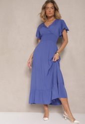 Granatowa Rozkloszowana Sukienka z Wiskozy z Kopertowym Dekoltem Rellrive. Niebieskie sukienki damskie Renee, bez wzorów, z wiskozy, eleganckie, bez ramiączek. W wyprzedaży za 55.99 zł.