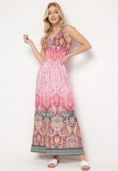 Jasnoróżowa Sukienka Boho na Lato ze Sznurkami na Ramionach i Gumką w Talii Aharleta. Czerwone sukienki damskie Born2be, bez wzorów, boho, bez ramiączek. Za 79.99 zł.